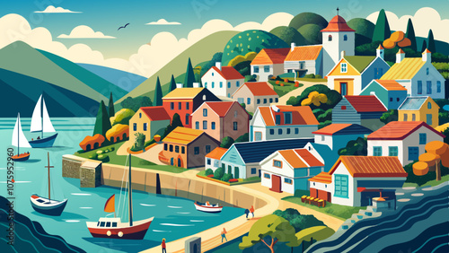 A painting of a town with houses and boats on a lake