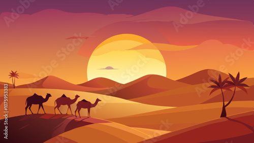 A desert scene with a sunset in the background