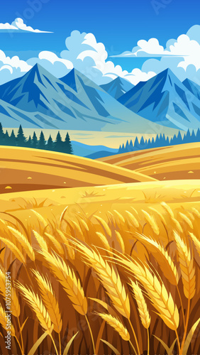 A mountain range with a field of golden wheat