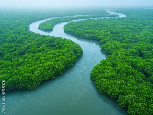 Aerial view of a river flowing through a lush mangrove forest. A perfect photo for illustrating the importance of protecting natural ecosystems.