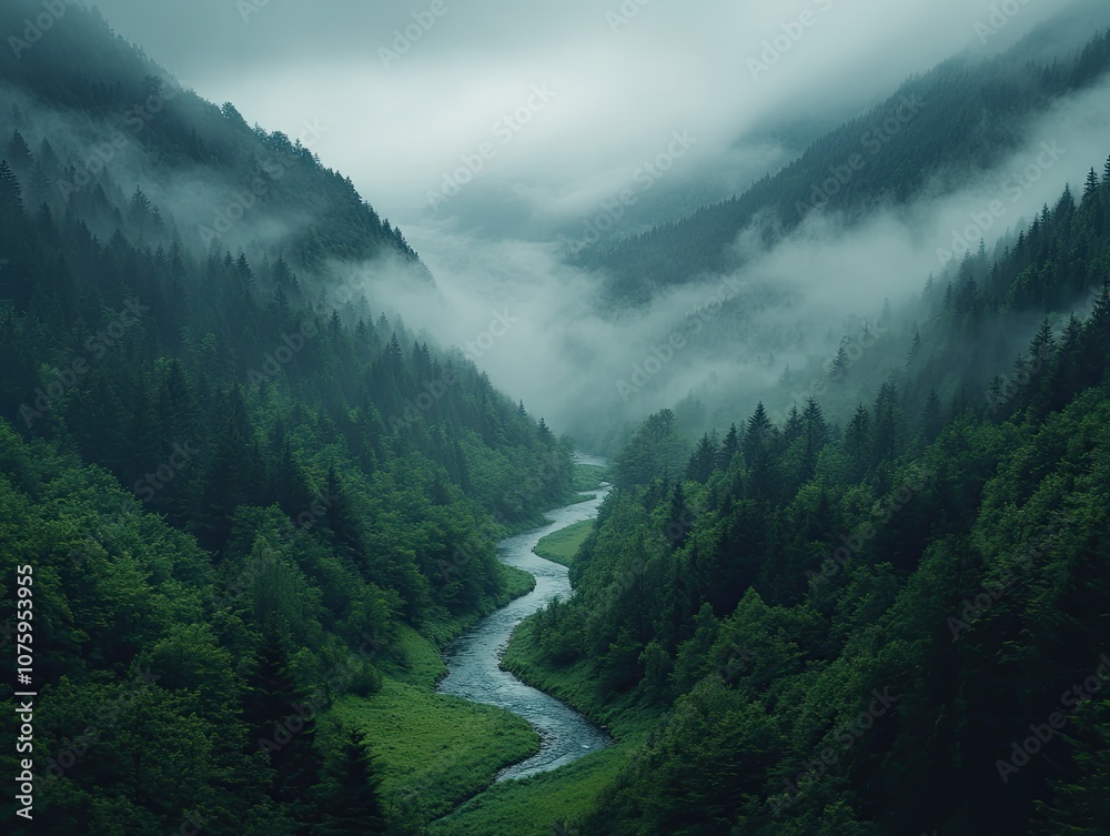 A river flows through a misty forest. This image is perfect for nature or travel blogs, social media posts, or any project that needs a sense of tranquility and wilderness. A river flows through a misty forest. This image is perfect for nature or travel blogs, social media posts, or any project that needs a sense of tranquility and wilderness.