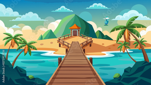 A beautiful beach scene with a wooden bridge leading to a small house