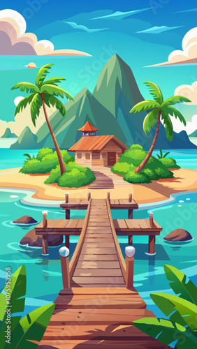 A tropical island with a wooden bridge leading to a small house