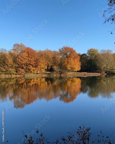 Tranquil Autumn Reflection on Serene Lake Surrounded by Colorful Trees Under Clear Blue Sky Capturing the Beauty of Nature in Perfect Harmony