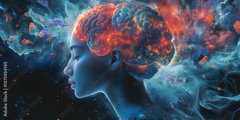 Cosmic Mind: A mesmerizing abstract portrait of a woman, her profile silhouetted against a swirling nebula of vibrant colors, representing the power and complexity of the human mind. Cosmic Mind: A mesmerizing abstract portrait of a woman, her profile silhouetted against a swirling nebula of vibrant colors, representing the power and complexity of the human mind.
