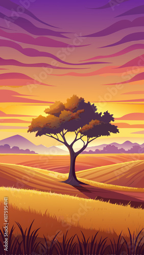 A tree stands in a field with a beautiful sunset in the background