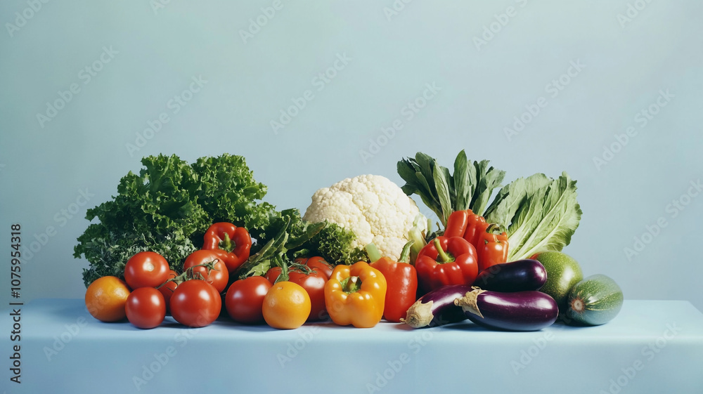Fresh vegetables arranged on a blue table showcasing vibrant colors and variety in daylight Fresh vegetables arranged on a blue table showcasing vibrant colors and variety in daylight