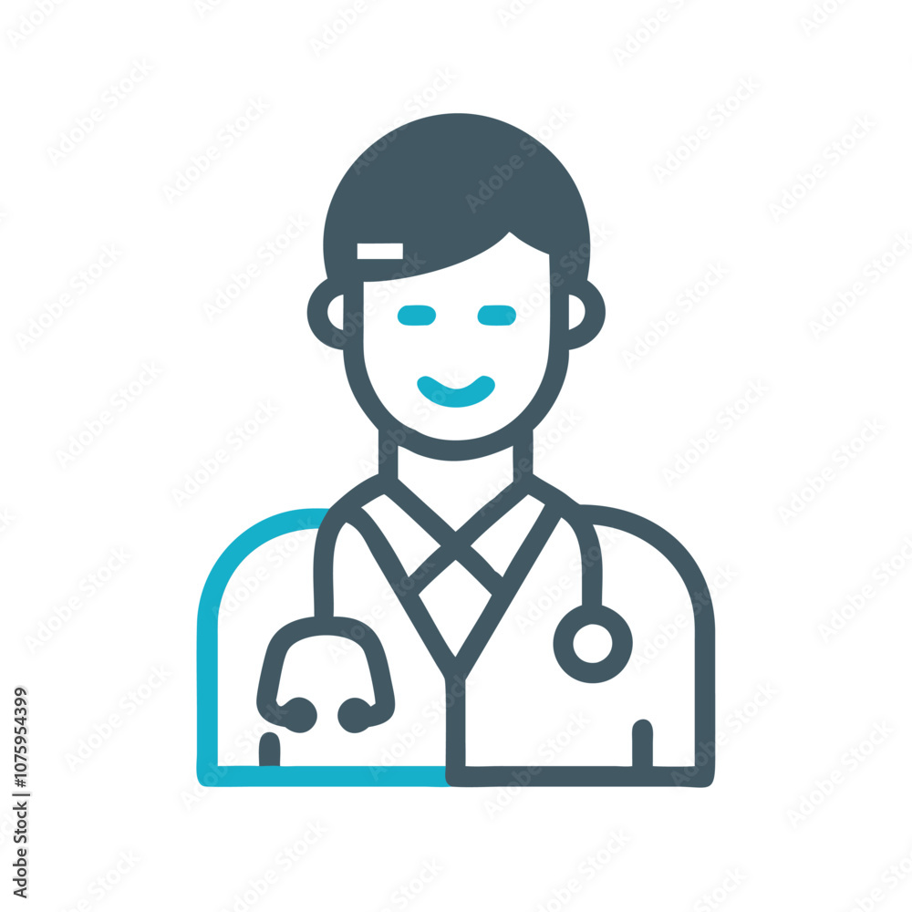 Smiling doctor icon with stethoscope, Vector illustration of a smiling doctor wearing a lab coat, stethoscope, and tie, representing a healthcare professional in a medical setting.
Smiling doctor icon with stethoscope, Vector illustration of a smiling doctor wearing a lab coat, stethoscope, and tie, representing a healthcare professional in a medical setting.