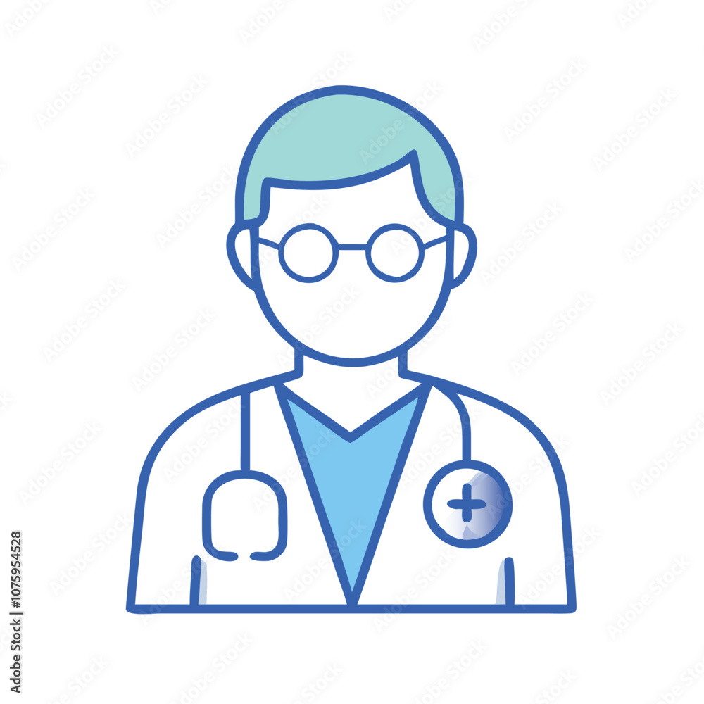 Doctor icon with stethoscope and glasses, Vector illustration of a doctor wearing glasses, a tie, and a lab coat with a stethoscope, symbolizing healthcare and medical professionals.
Doctor icon with stethoscope and glasses, Vector illustration of a doctor wearing glasses, a tie, and a lab coat with a stethoscope, symbolizing healthcare and medical professionals.