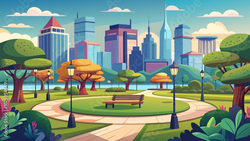 A city park with a bench and a path