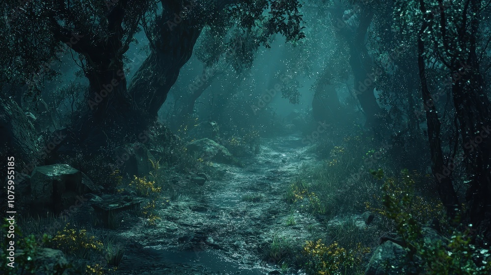 Fototapeta premium Enchanted Forest Pathway Surrounded by Mystical Trees and Lush Greenery Under Mysterious Fog with Glimmers of Light Creating a Dreamlike Atmosphere