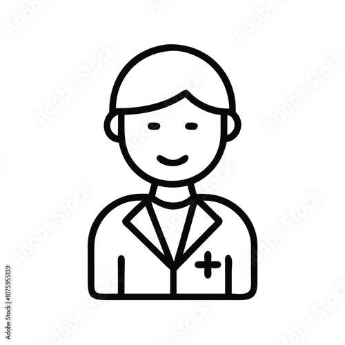 Smiling doctor icon with stethoscope, Vector illustration of a smiling doctor wearing a lab coat, stethoscope, and tie, representing a healthcare professional in a medical setting.
