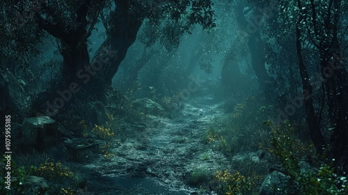 Wallpaper Mural Enchanted Forest Pathway Surrounded by Mystical Trees and Lush Greenery Under Mysterious Fog with Glimmers of Light Creating a Dreamlike Atmosphere Torontodigital.ca