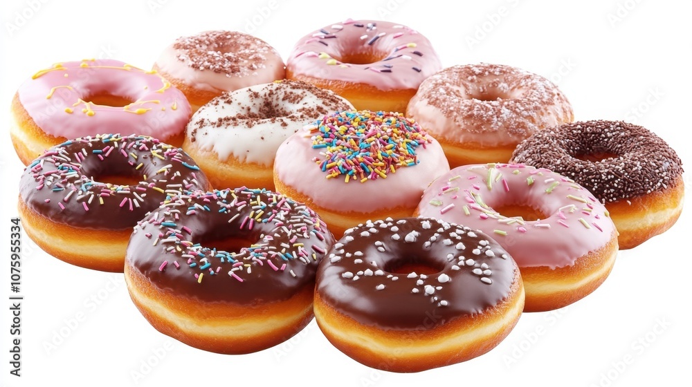 Tempting Array of Freshly Baked Donuts with Assorted Toppings on White Background Tempting Array of Freshly Baked Donuts with Assorted Toppings on White Background