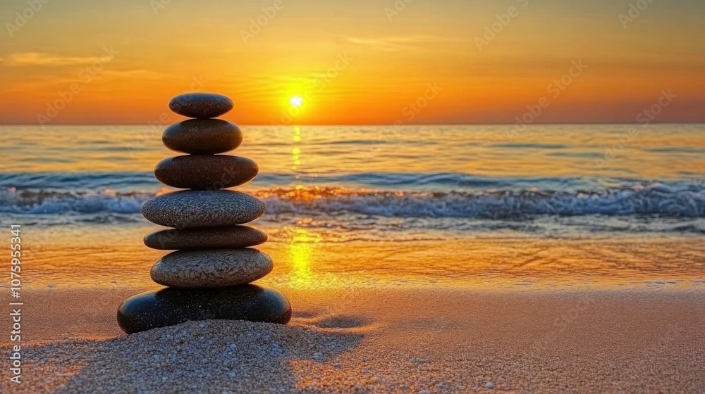 A tranquil arrangement of stacked Zen stones on a sandy quality. A tranquil arrangement of stacked Zen stones on a sandy quality.