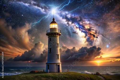 a lighthouse is lit up in the night sky