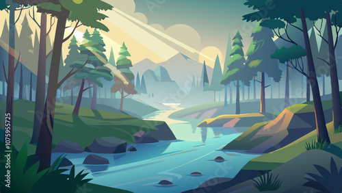 A forest with a river running through it