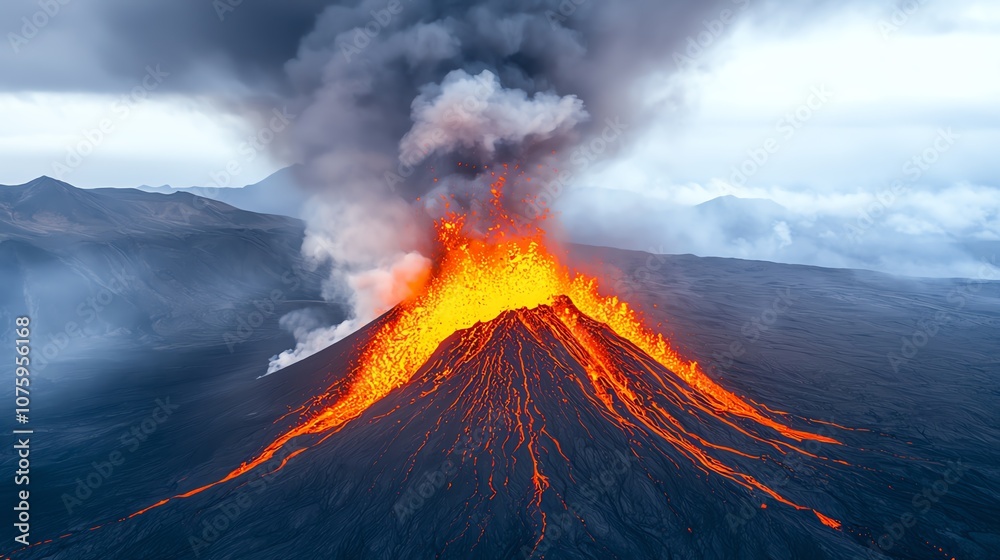Fototapeta premium Volcano erupting with lava and smoke against a cloudy sky.