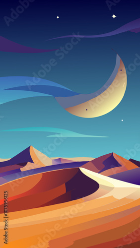 A painting of a desert with a large moon in the sky