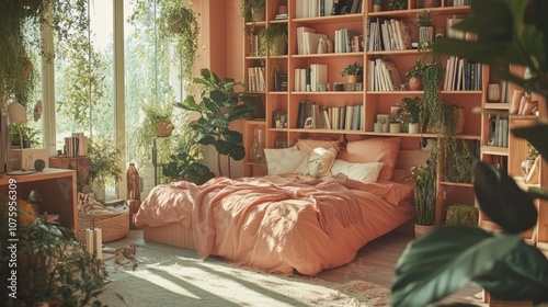 Cozy Bedroom with Natural Light and Greenery, Warm Tones and Textured Bedding, Perfect for Relaxation and Home Decor Inspiration