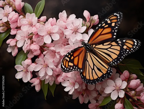 Hyperrealistic painting, photo realism, close-up of monarch butterfly on flower, sophisticated pink and white color palette, realistic style. photo