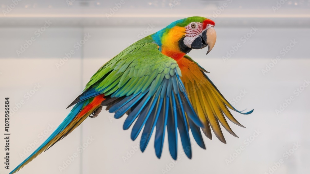 Fototapeta premium Bright Macaw Parrot in Flight with Green, Yellow, and Blue Plumage