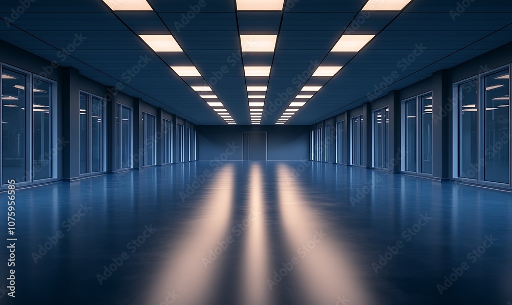 A sleek, modern corridor with blue tones, illuminated by overhead lights, showcasing a reflective floor and glass walls.