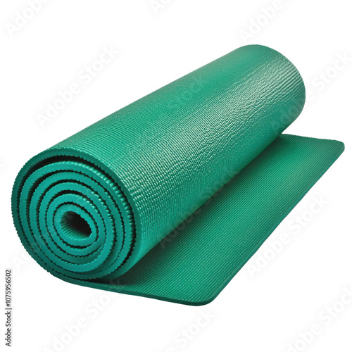 Green yoga mat rolled out on a white isolated background.