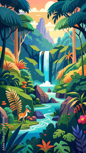 A colorful painting of a jungle scene with a waterfall and a deer