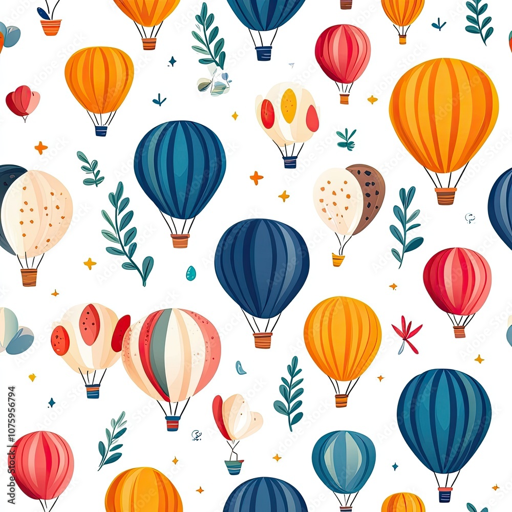 Obraz premium Colorful Hot Air Balloons Surrounded by Leaves and Floral Accents in a Whimsical Pattern for Fun and Creative Designs