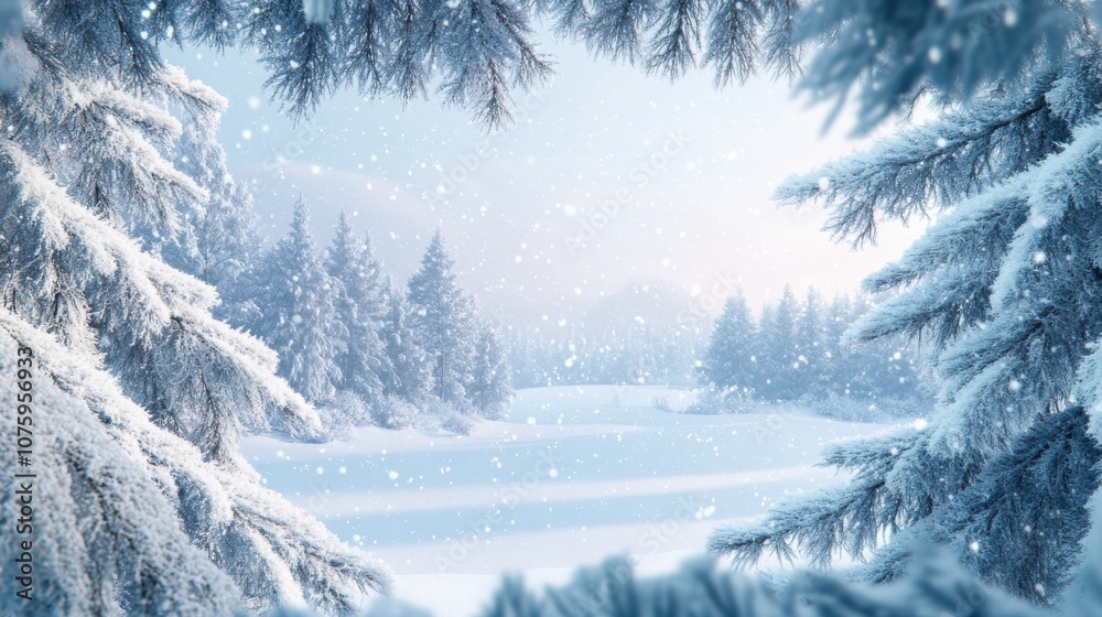 Fototapeta premium Serene Winter View: A picturesque snowy winter landscape quality.