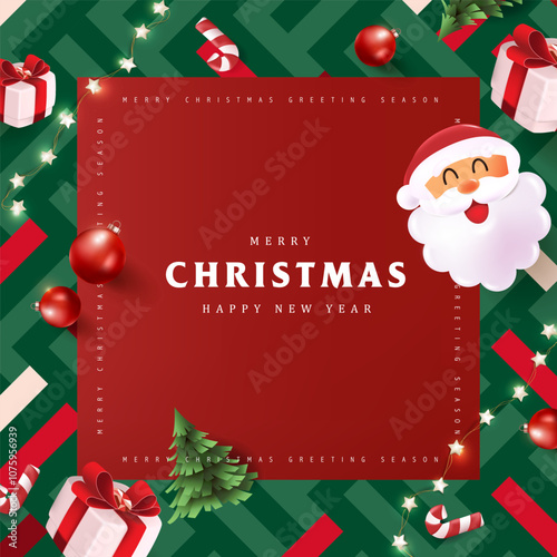 Merry Christmas and happy new year sign banner frame with festive decoration and happy santa claus