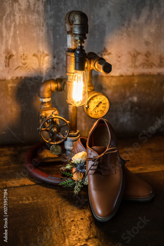 vintage still life with mens brown shoes and lamp photo