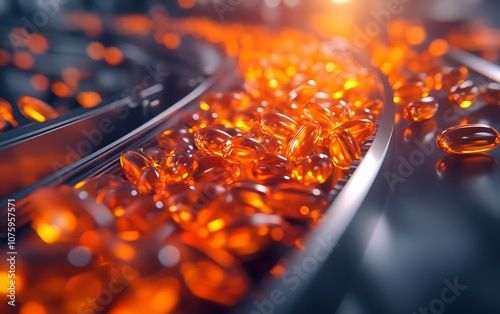 A vibrant close-up of orange capsules rolling along a conveyor belt, symbolizing pharmaceutical production and health supplements. photo