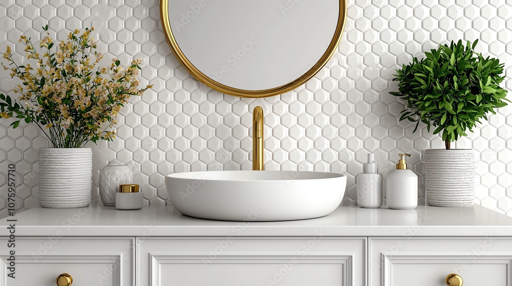 Modern bathroom vanity with white sink, gold faucet, and plants.