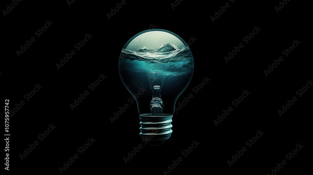 Illuminated Ocean: Floating Light Bulb with Underwater Scene on Dark Background