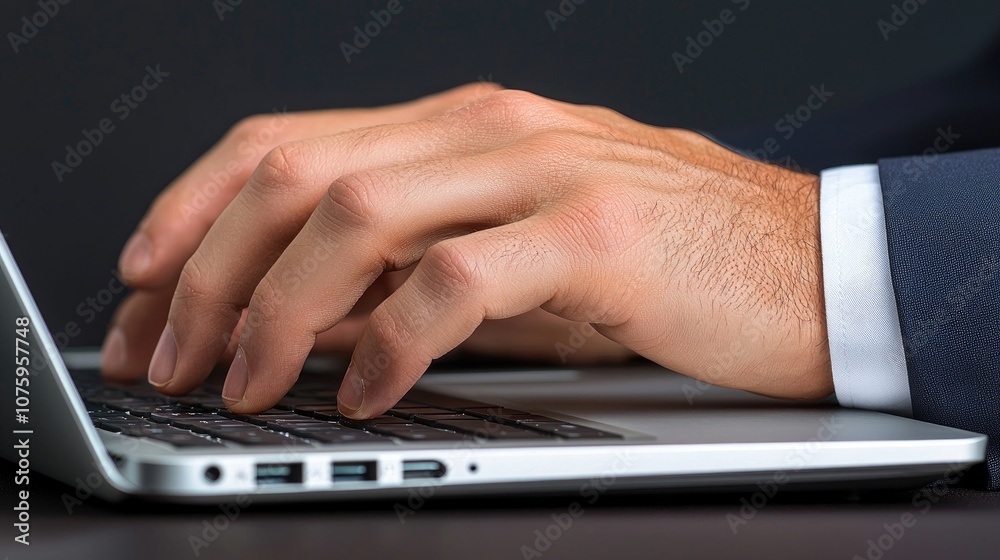 Professional Businessman Typing on Laptop Keyboard in Modern Office Environment, Focused on Work with Hands Positioned for Effective Input and Productivity Professional Businessman Typing on Laptop Keyboard in Modern Office Environment, Focused on Work with Hands Positioned for Effective Input and Productivity