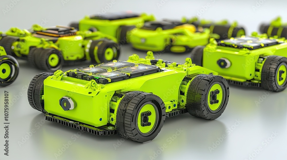 A Collection of Advanced Robotic Vehicles Designed for Research and Development in Automation and Robotics, Showcasing Innovative Technologies and Bright Green Aesthetics A Collection of Advanced Robotic Vehicles Designed for Research and Development in Automation and Robotics, Showcasing Innovative Technologies and Bright Green Aesthetics