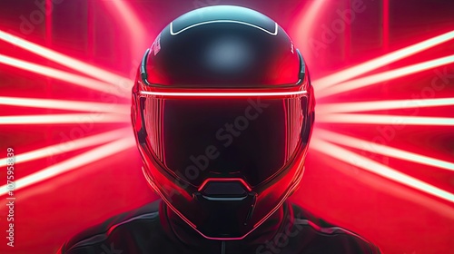 Futuristic Racer with Glossy Helmet in Neon Red Lights, Capturing the Essence of Speed and Technology in a Dynamic High-Tech Environment