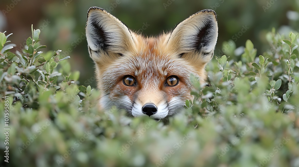 Obraz premium A red fox with a white muzzle and large, dark eyes peers from behind a thicket of green bushes.