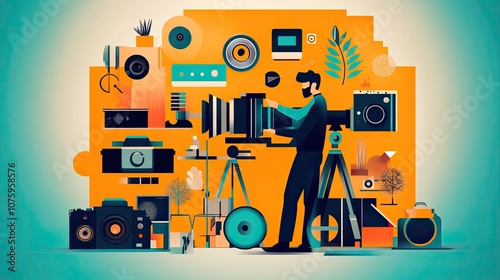 Creative Photographer in Action Surrounded by Vintage Cameras and Modern Equipment, Showcasing the Art of Photography against an Abstract Background