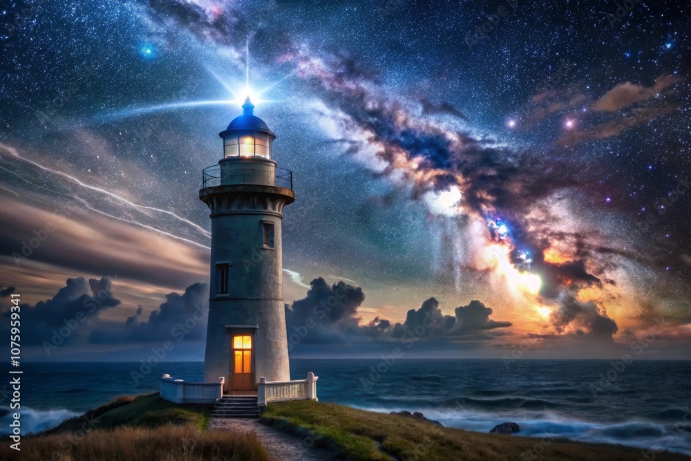 a lighthouse is lit up at night with a star - filled sky behind it a lighthouse is lit up at night with a star - filled sky behind it
