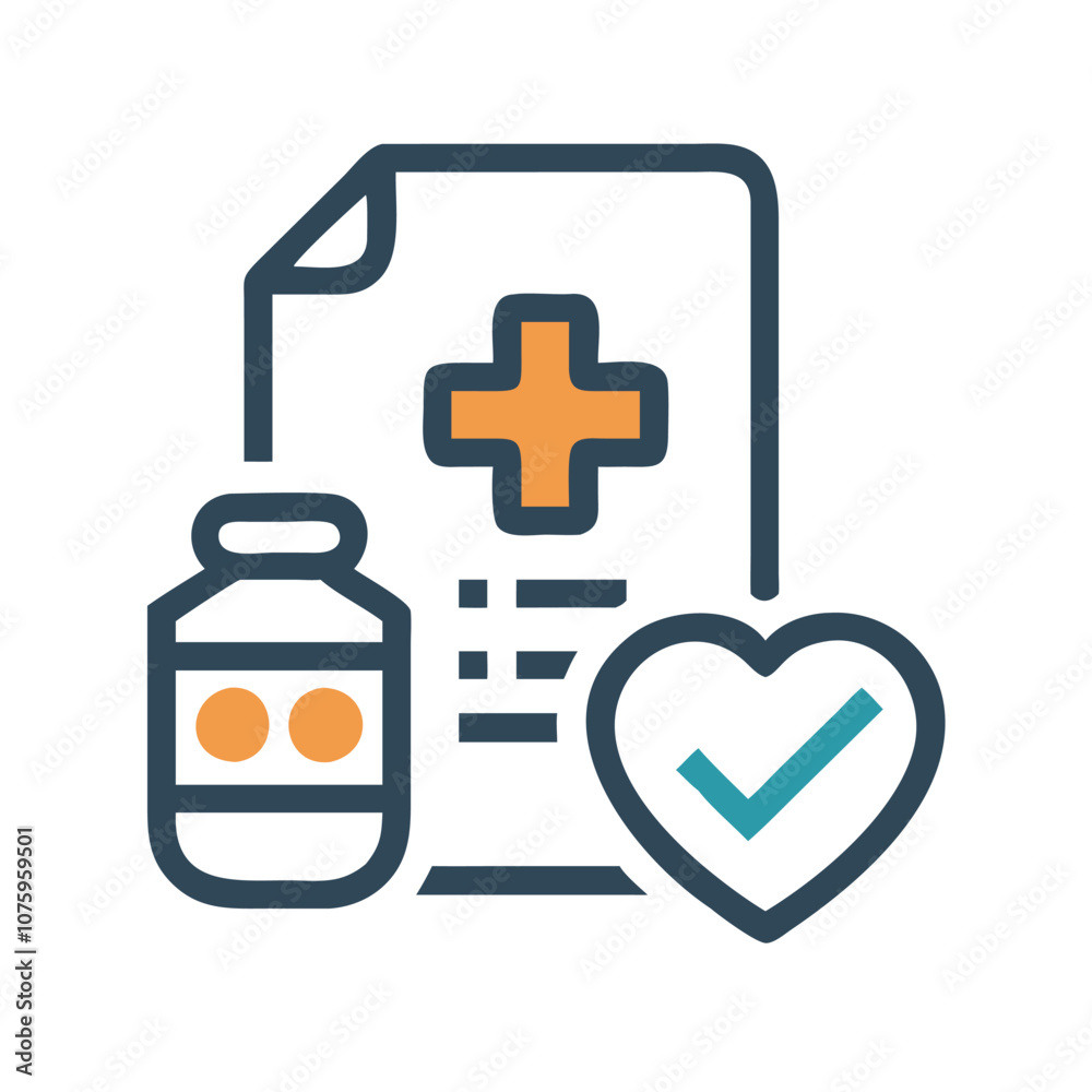 Obraz premium Medical prescription icon with medicine and heart, Vector illustration of a medical prescription document with a medicine bottle and a heart checkmark symbol, representing healthcare, treatment, and p