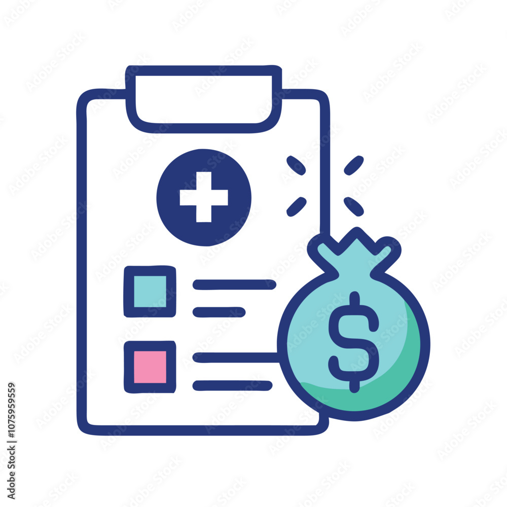 Medical billing icon with clipboard and money bag, Vector illustration of a medical billing document featuring a clipboard with a cross symbol and a money bag, representing healthcare costs and financ Medical billing icon with clipboard and money bag, Vector illustration of a medical billing document featuring a clipboard with a cross symbol and a money bag, representing healthcare costs and financ