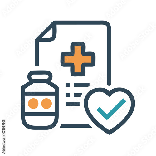 Medical prescription icon with medicine and heart, Vector illustration of a medical prescription document with a medicine bottle and a heart checkmark symbol, representing healthcare, treatment, and p