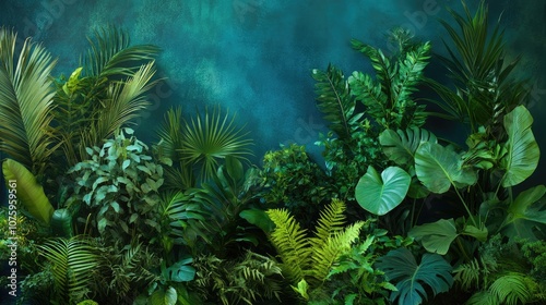 Lush Green Leaves and Tropical Plants Against Vibrant Teal Background for Nature Inspired Design or Home Decor Projects