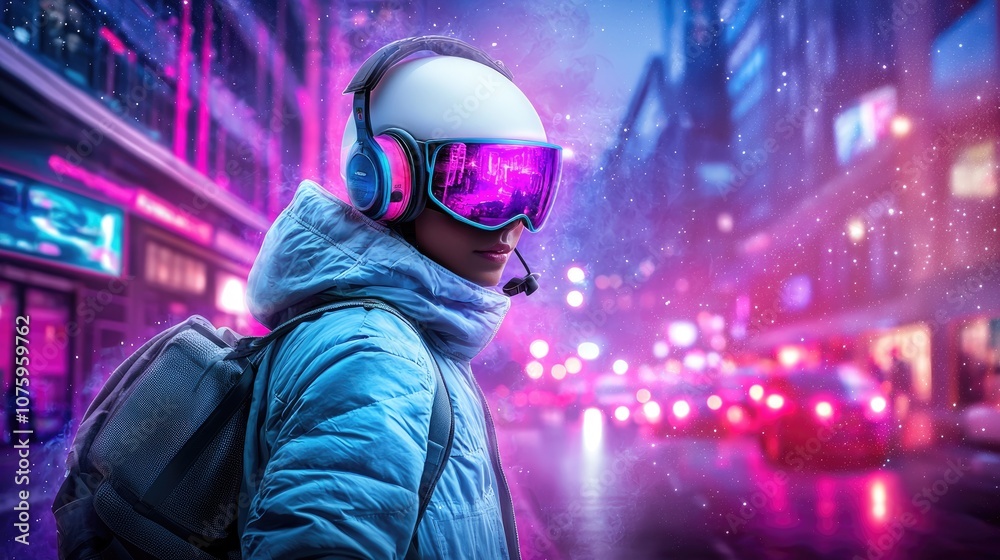 Futuristic Gamer in Urban Environment with Neon Lights and Headset Embracing Virtual Reality Experience in a Vibrant Cityscape at Night Futuristic Gamer in Urban Environment with Neon Lights and Headset Embracing Virtual Reality Experience in a Vibrant Cityscape at Night