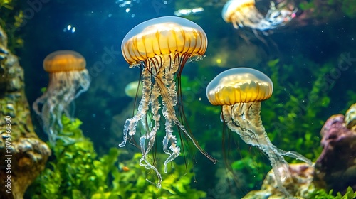 A serene underwater scene featuring jellyfish gracefully floating in a vibrant aquatic environment.