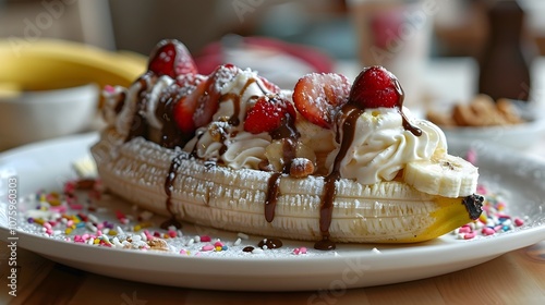 Banana Split Dessert with Ice Cream and Toppings on White Plate photo