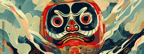 A vibrant illustration of a daruma doll with fiery colors, representing perseverance and good luck, set against a swirling misty background.